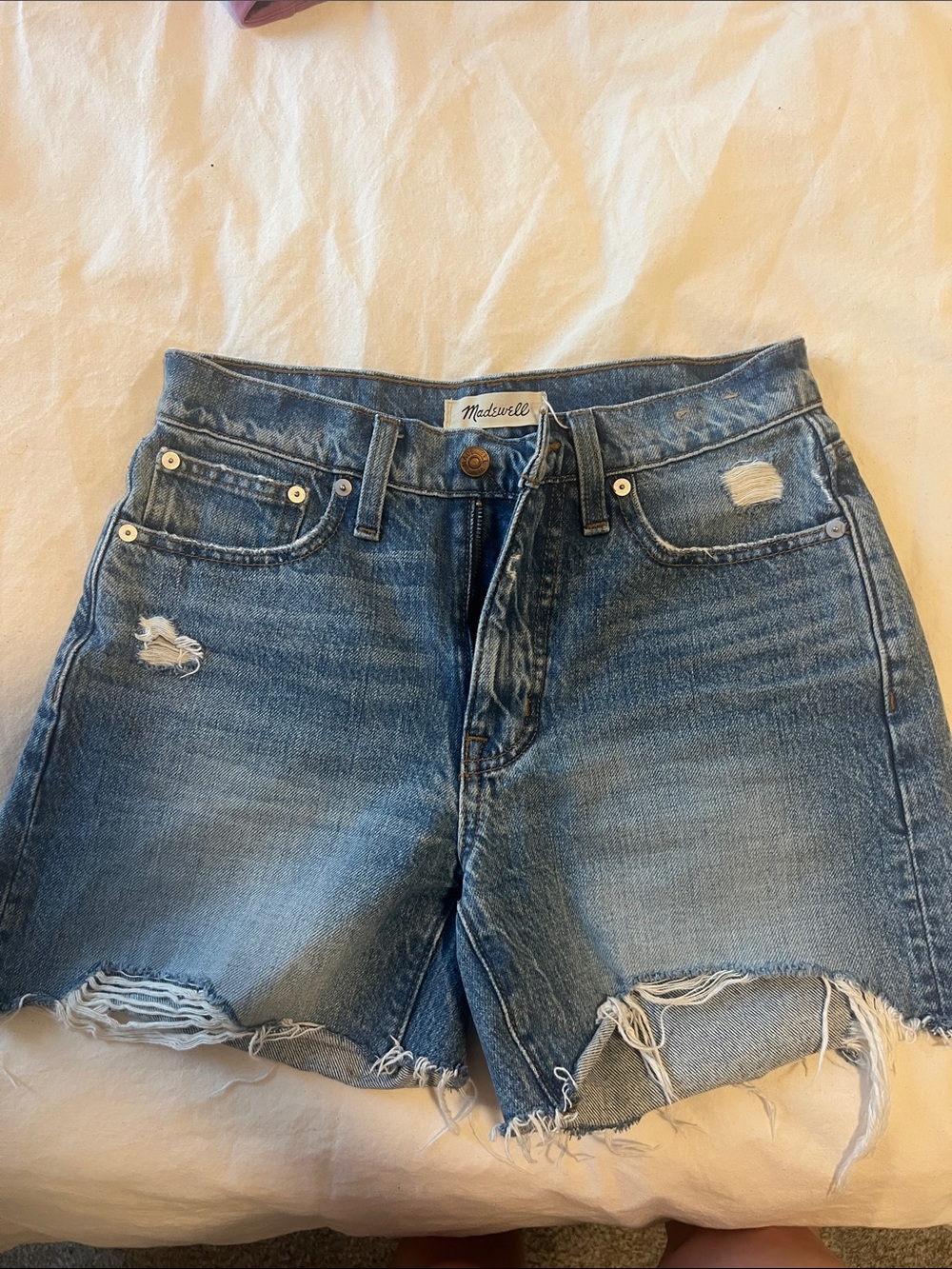 Madewell Distressed High-Rise Denim Cutoff Shorts — Light Blue